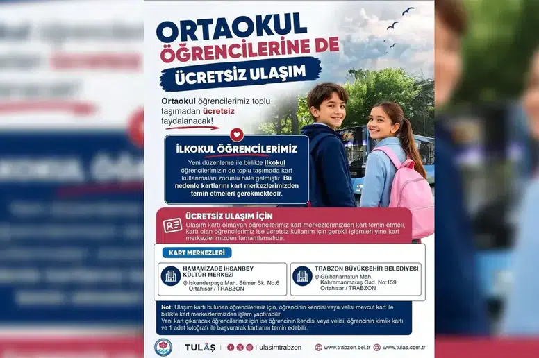 Trabzon'da Ortaokul Öğrencilerine Ücretsiz Toplu Taşıma Hakkı Tanındı